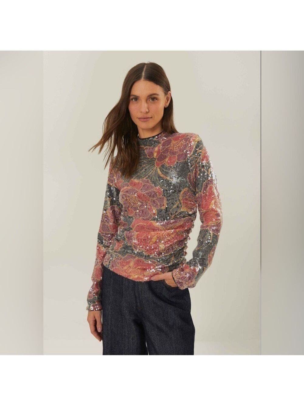 Farm Rio Black Shiny Chita Tulle Sequins Blouse